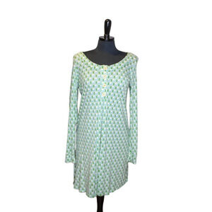 Boden Long Sleeve Dress Modal Scoop Neck Graphic Print Green Blue Tan Wh…